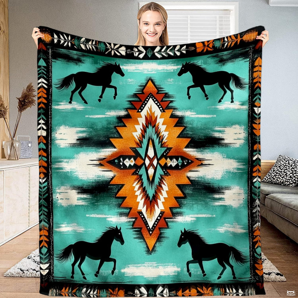Aztec horse bedding set with running black stallions and Southwestern geometric diamond motif on turquoise backdrop.