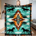 Aztec horse bedding set with running black stallions and Southwestern geometric diamond motif on turquoise backdrop.
