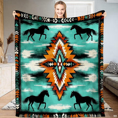 Aztec horse bedding set with running black stallions and Southwestern geometric diamond motif on turquoise backdrop.