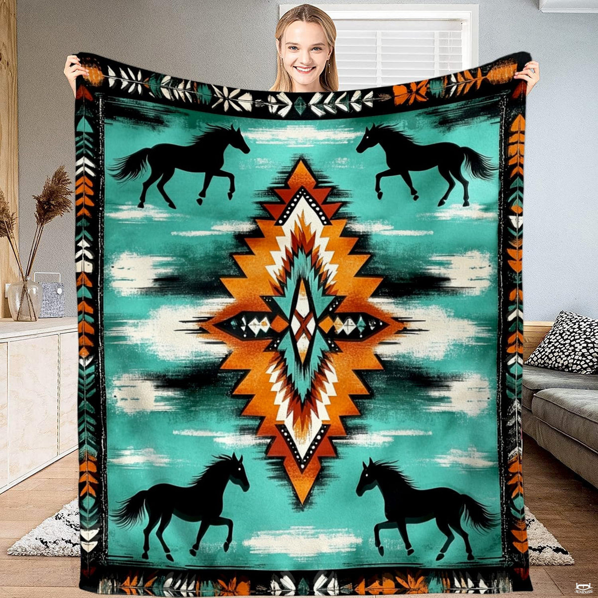 Aztec horse bedding set with running black stallions and Southwestern geometric diamond motif on turquoise backdrop.