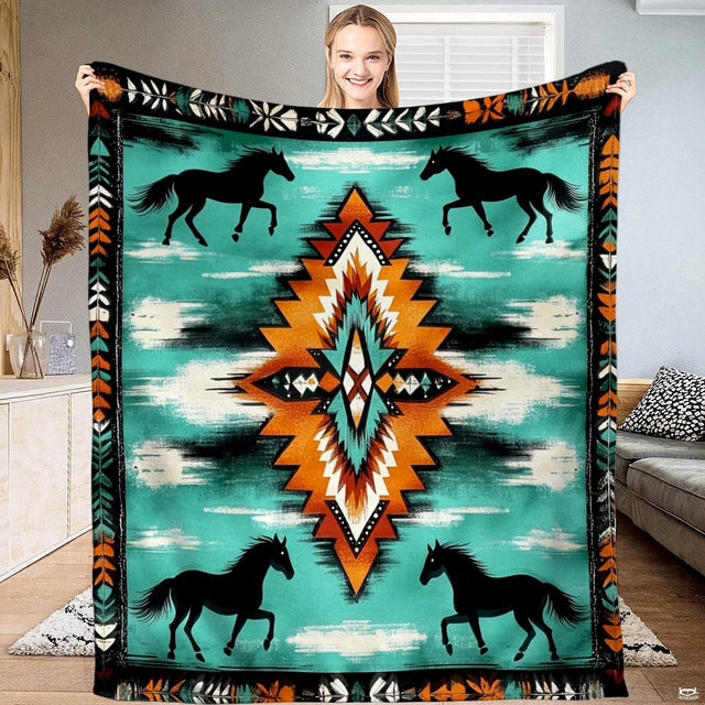 Aztec horse bedding set with running black stallions and Southwestern geometric diamond motif on turquoise backdrop.