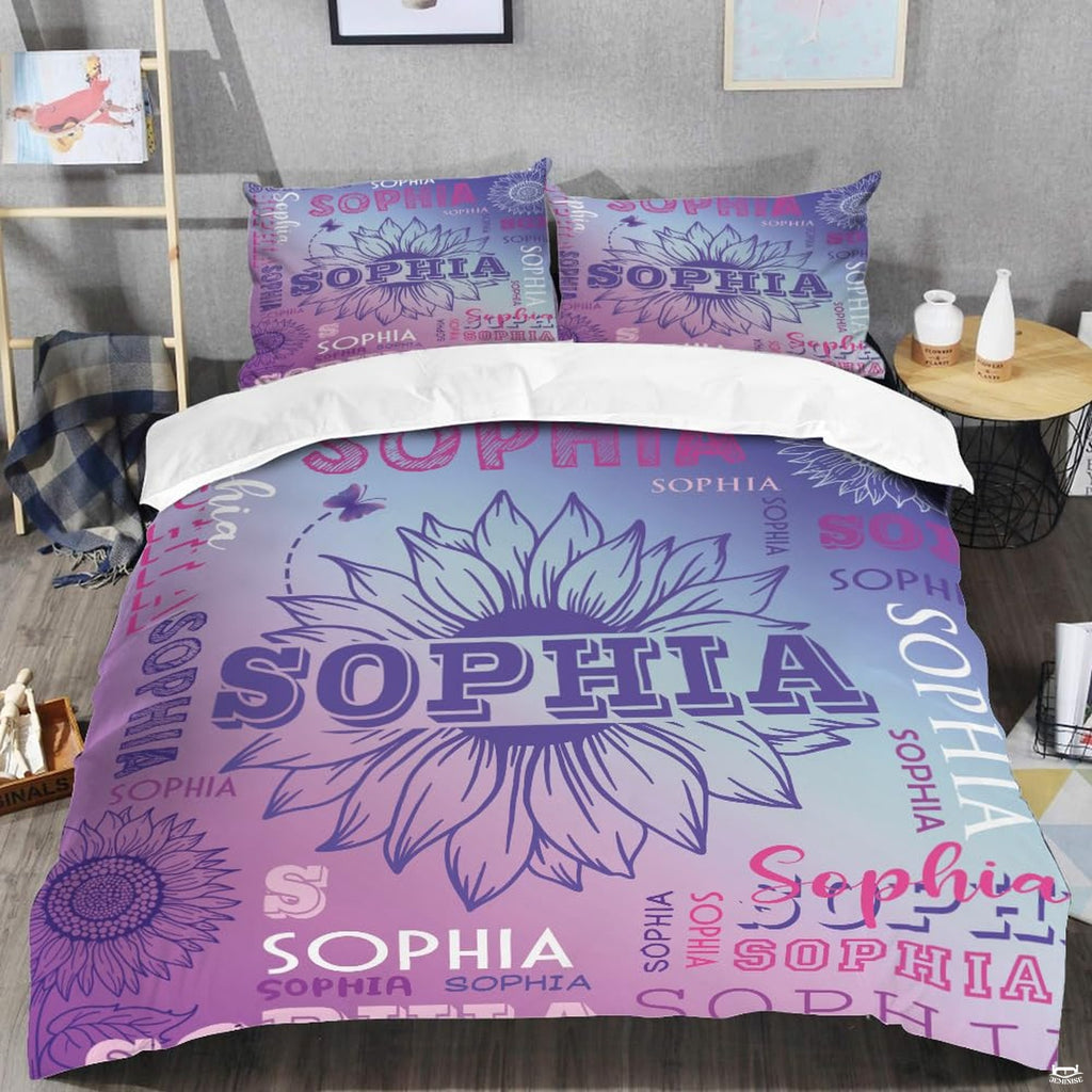 Close-up view of unicorn bedding highlighting celestial starbursts, mythical horn, and orchid blossoms