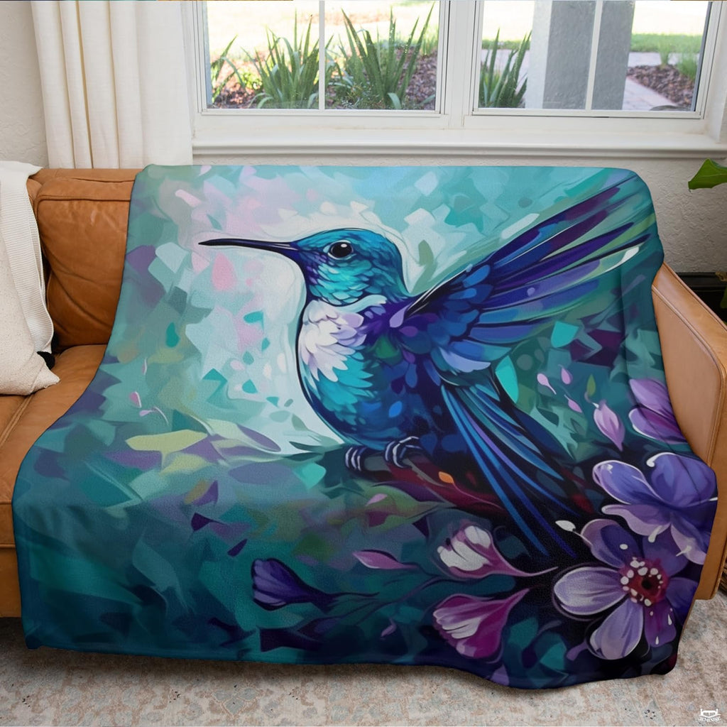 Turquoise hummingbird garden throw blanket view 4 highlighting blue plumage artwork and home decor styling