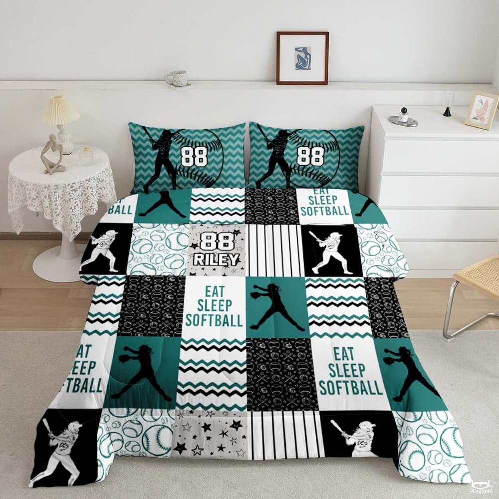 Bright Teal Yellow Softball Comforter Set – Premium Sports Theme Bedding for Girls, Teens & Women Who Love Softball, Offered in Twin, Queen, King Bed Sizes