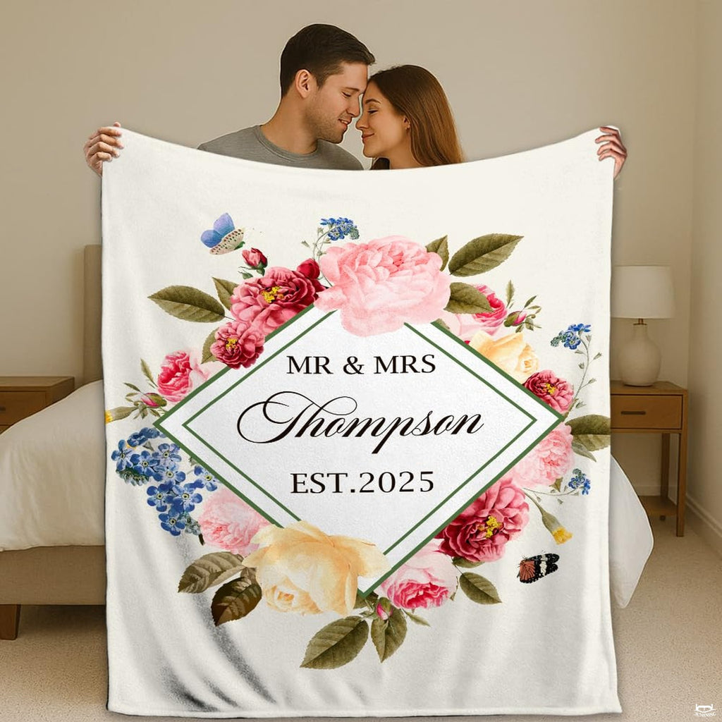 Wedding rose floral diamond geometric wreath throw blanket featuring watercolor roses and butterflies on white