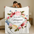 Wedding rose floral diamond geometric wreath throw blanket featuring watercolor roses and butterflies on white