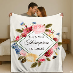 Wedding rose floral diamond geometric wreath throw blanket featuring watercolor roses and butterflies on white