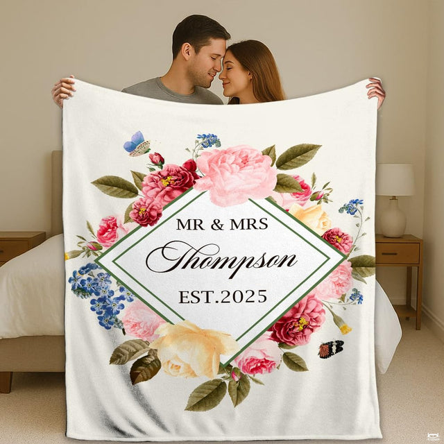 Wedding rose floral diamond geometric wreath throw blanket featuring watercolor roses and butterflies on white
