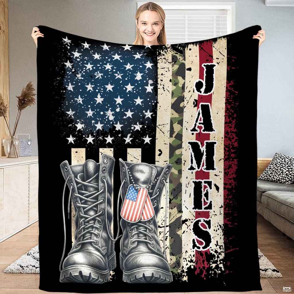 Military combat boots throw blanket featuring an American flag, camouflage stripes, and dog tags on black.