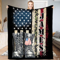 Military combat boots throw blanket featuring an American flag, camouflage stripes, and dog tags on black.
