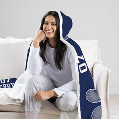 Folded corner view of tennis racket hooded blanket showing crisp white graphics