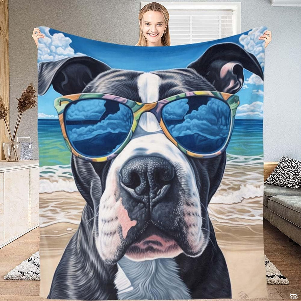 Beach sunglasses pitbull throw blanket featuring black and white dog in sunglasses on ocean shore