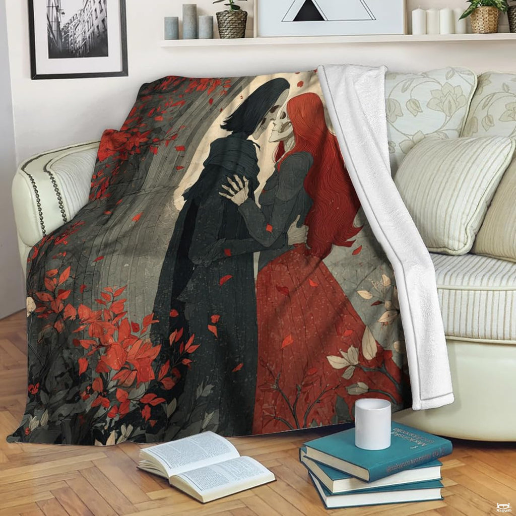 Backside view of gothic throw blanket showing finished border and neat hemmed edges