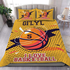 Pop art basketball sports bedding featuring spinning basketball and yellow halftone dots on a modern bed