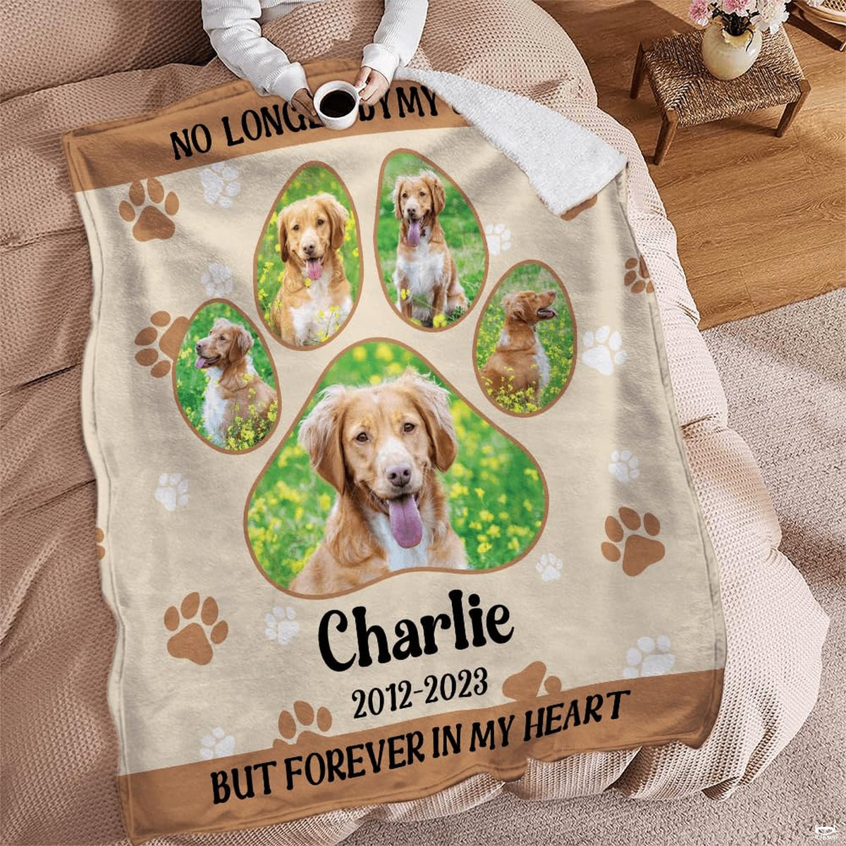 Detailed quad perspectives highlighting fine dog portrait printing and paw accents on throw blanket.