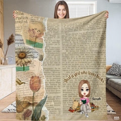 Personalized Vintage Reading Girl with Flowers Throw Blanket - Book