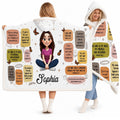 Inspirational scripture affirmations hooded blanket held wide open by model