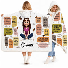 Inspirational scripture affirmations hooded blanket held wide open by model