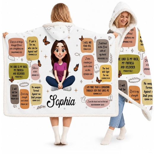 Inspirational scripture affirmations hooded blanket held wide open by model