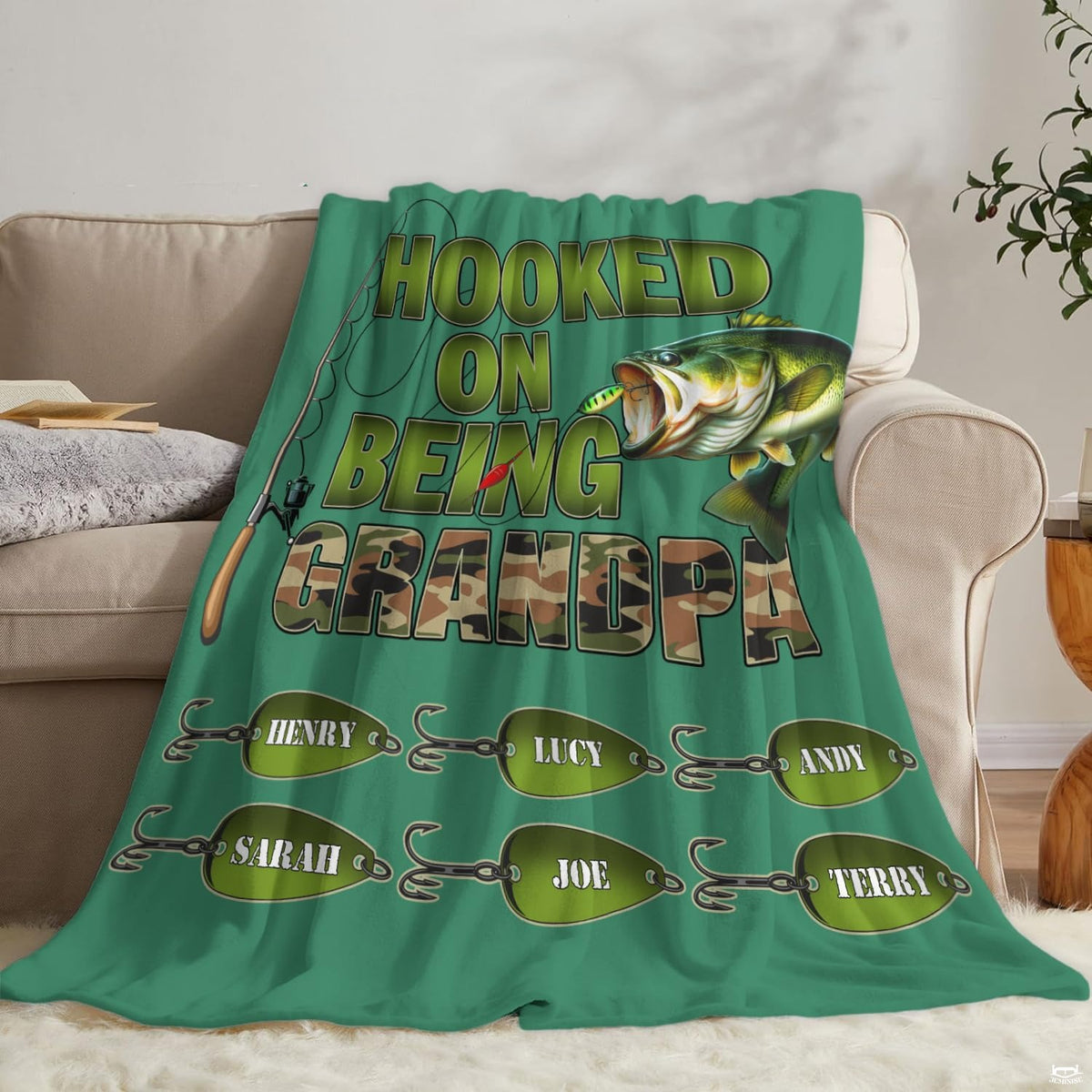 Angler themed fishing illustration displayed neatly over living room couch seating