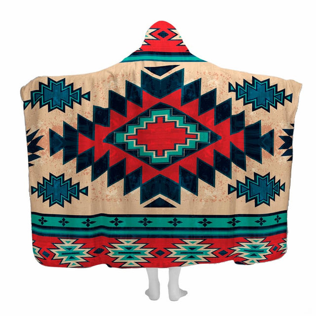Southwestern Aztec tribal bedding set featuring stepped diamond patterns in turquoise, terracotta red, and deep blue.