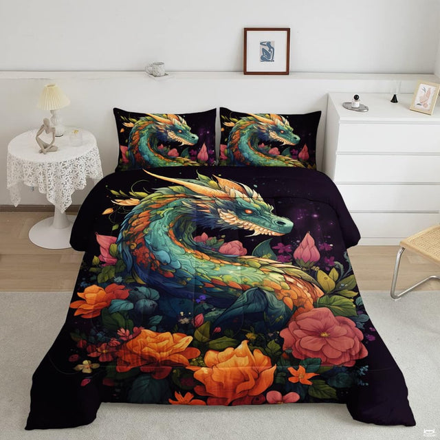 Copper bronze dragon galaxy bedding set showing a mythical winged beast soaring through stardust and cosmic nebulae.