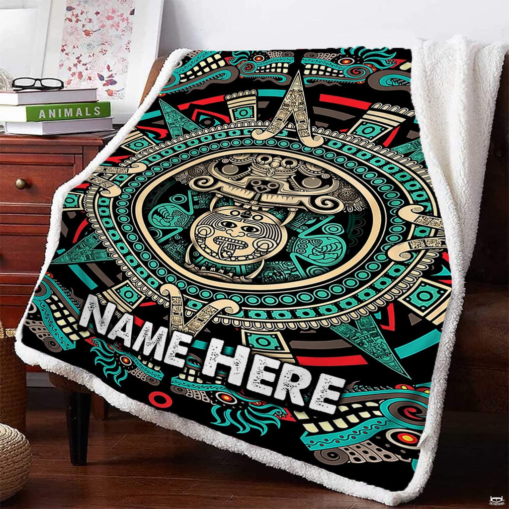 Overhead presentation of symmetrical Mesoamerican calendar patterns and mythological serpent illustrations.