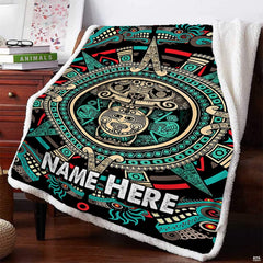 Overhead presentation of symmetrical Mesoamerican calendar patterns and mythological serpent illustrations.