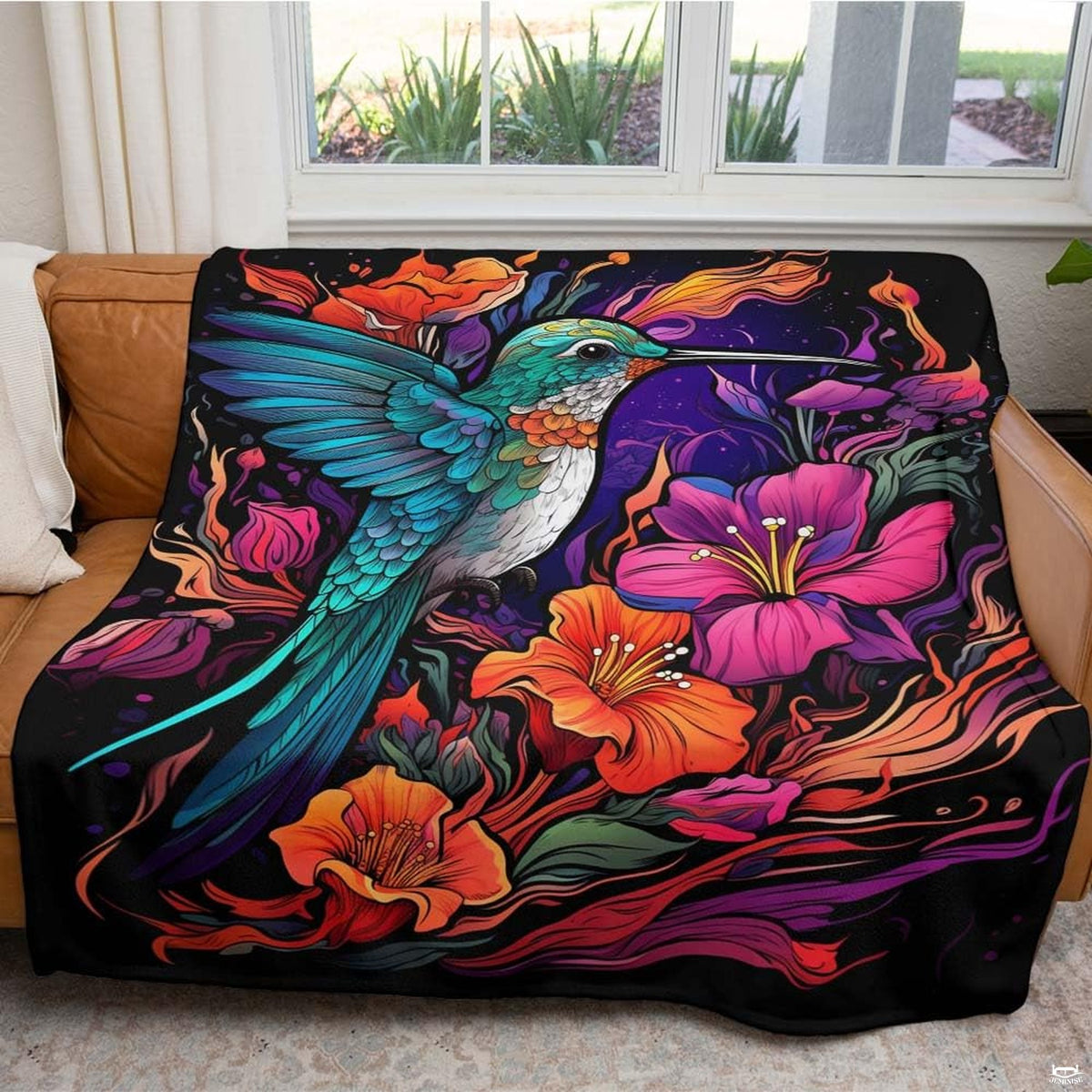 Side angle of nocturnal floral illustration displaying vivid magenta blossoms and flowing botanical elements.