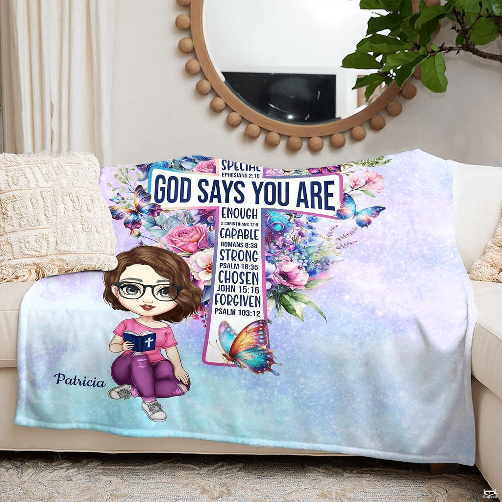 Christian cross butterflies floral blanket draped on modern armchair