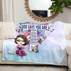 Christian cross butterflies floral blanket draped on modern armchair