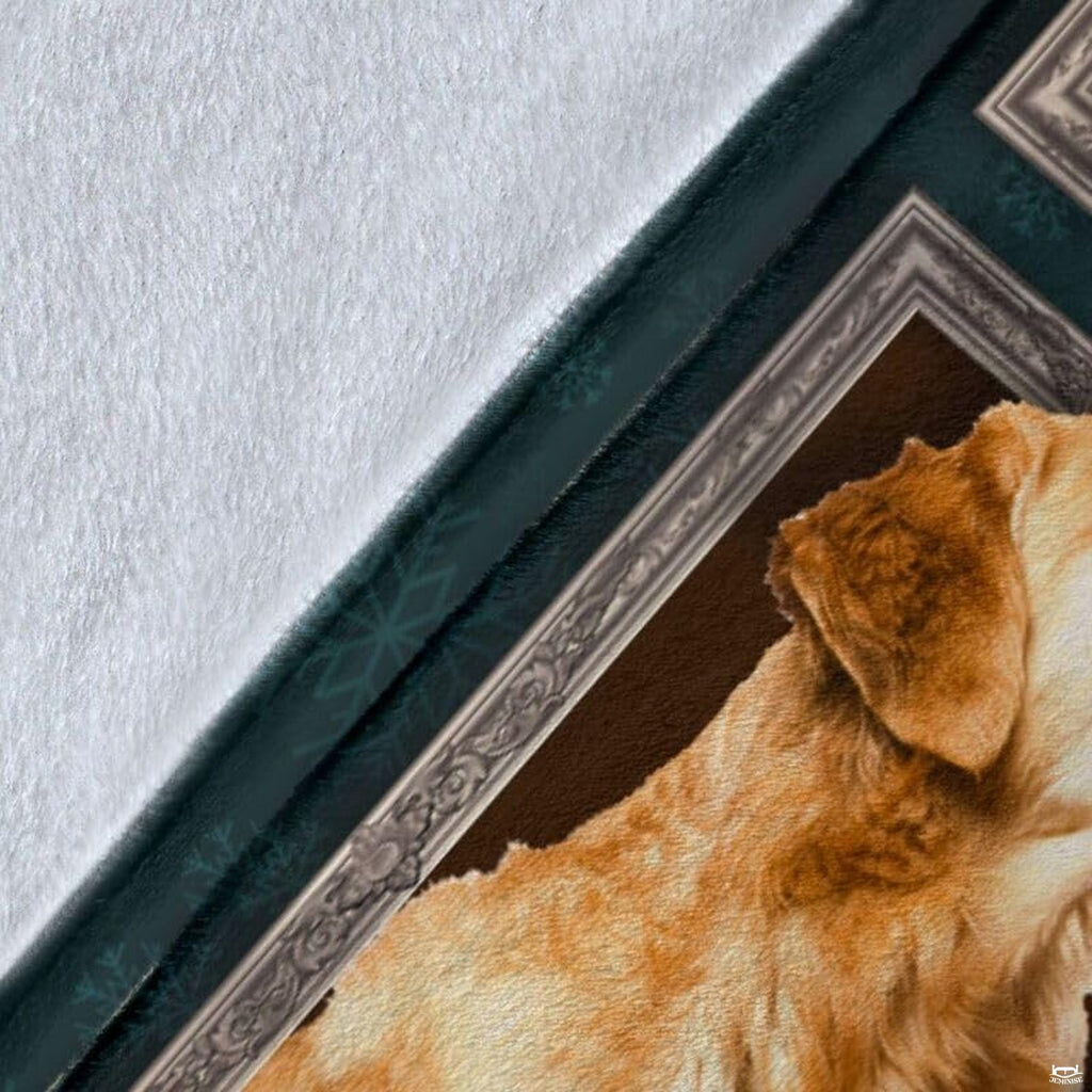 thematic accent display of golden retriever dog visual collage over decorative bedroom furnishings.