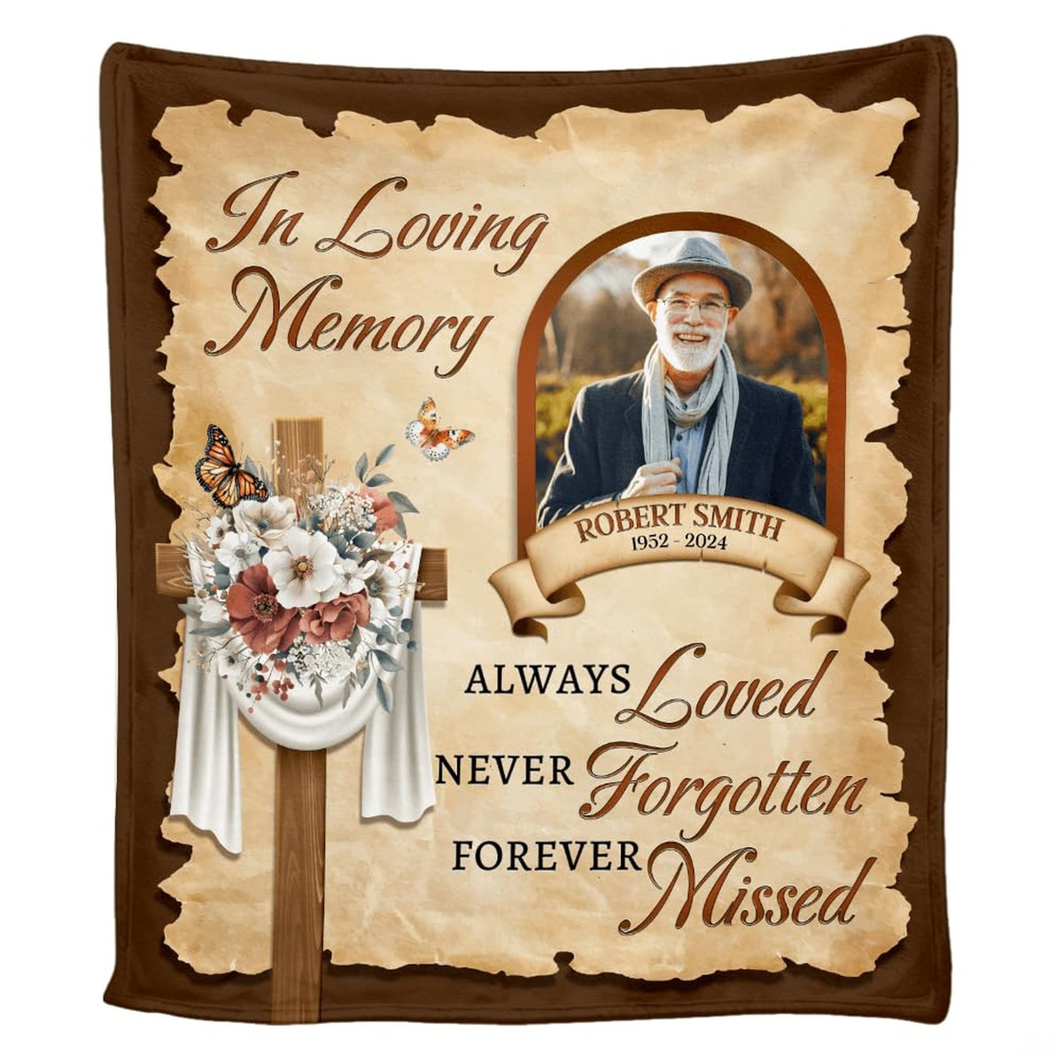 Draped cross memorial throw blanket displayed over a living room sofa