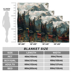 Scenic oil painting of Bigfoot fishing in red canoe on alpine lake, view 3.