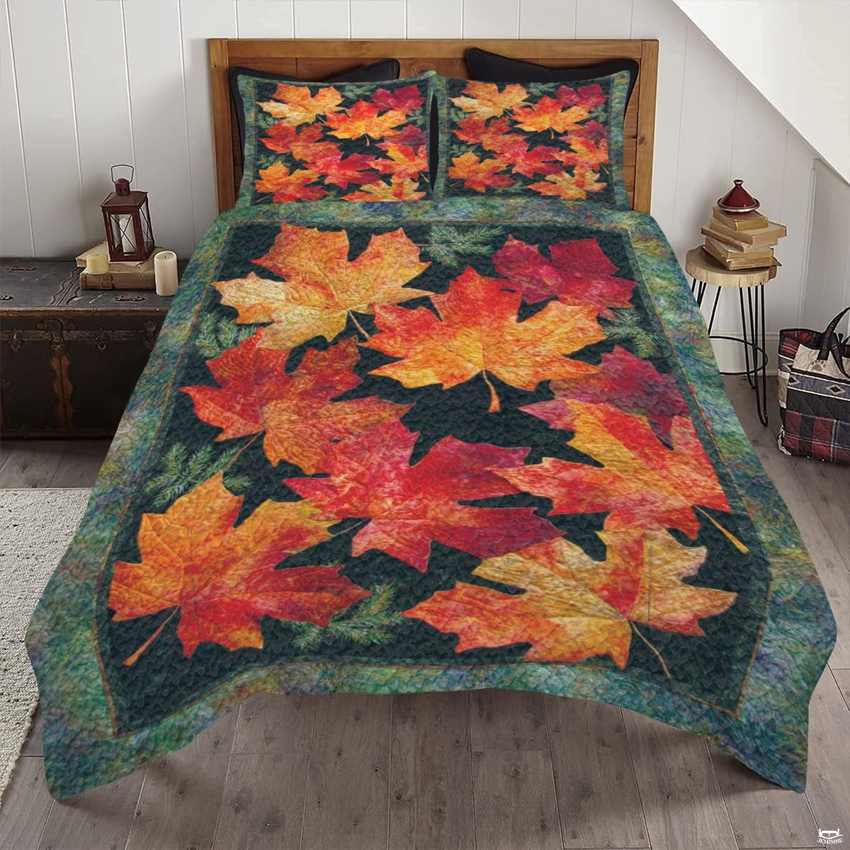 Teal slate and amber maple leaf bedding set featuring glowing autumn foliage against a deep dark background