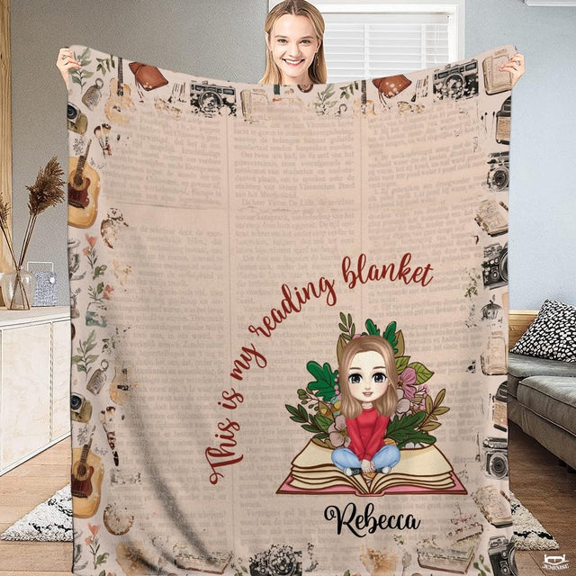 Personalized Reading Girl on Book with Flowers Blanket - Book Lover