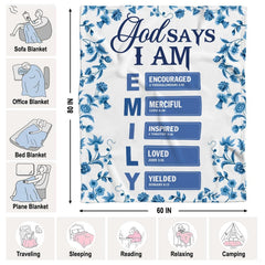 Detailed perspective of the tailored blue affirmation badges and delicate cornflower botanical vines on the blanket