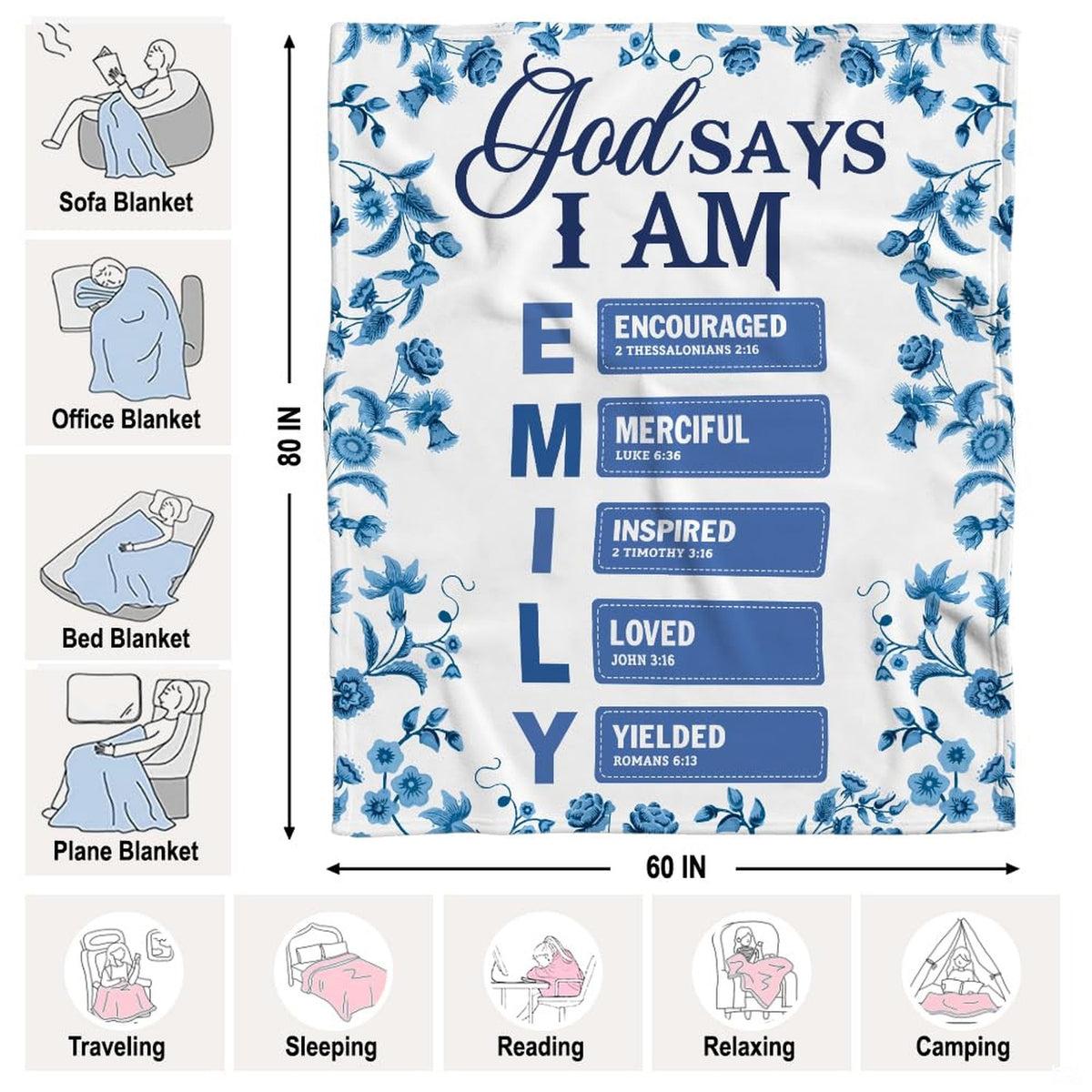 Detailed perspective of the tailored blue affirmation badges and delicate cornflower botanical vines on the blanket