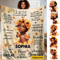 Sunflower queen blanket featuring woman with floral crown, butterflies, and motivational typography.