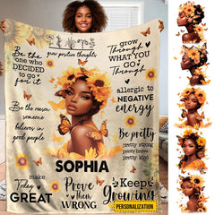 Sunflower queen blanket featuring woman with floral crown, butterflies, and motivational typography.