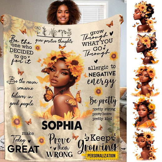 Sunflower queen blanket featuring woman with floral crown, butterflies, and motivational typography.