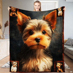 Yorkshire Terrier throw blanket featuring a large central painted dog portrait and four corner framed puppy pictures