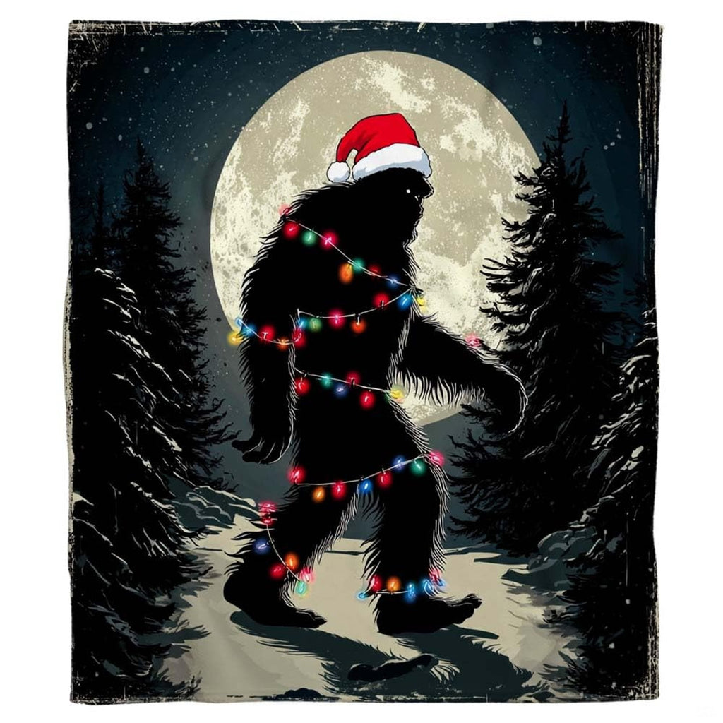 Bigfoot in a Santa hat wrapped in colorful Christmas lights under a full moon, view 2.