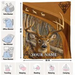 Detailed view of autumn forest background, saddle tan accents, and finished edges.