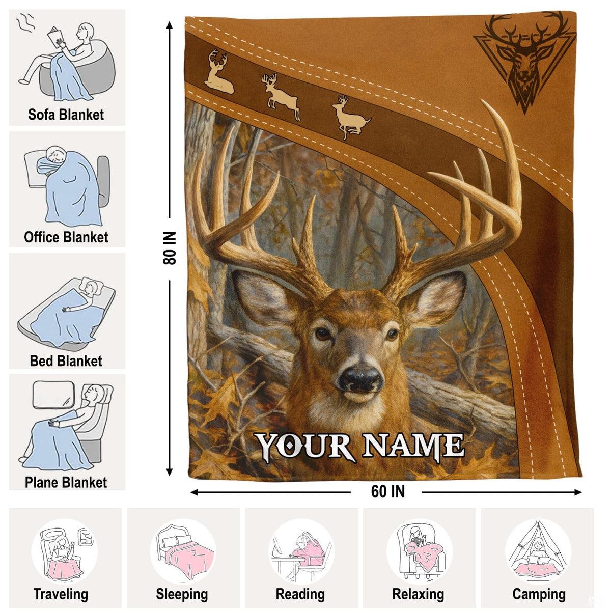 Detailed view of autumn forest background, saddle tan accents, and finished edges.