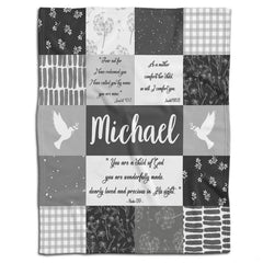 Dove baptism blanket displayed flat showing monochrome patchwork grid, flying doves, and scripture blocks
