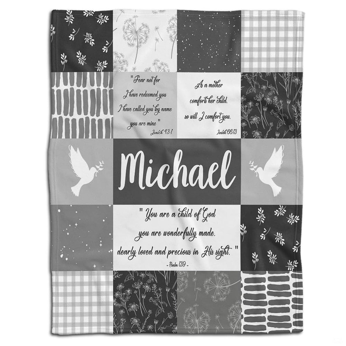 Dove baptism blanket displayed flat showing monochrome patchwork grid, flying doves, and scripture blocks