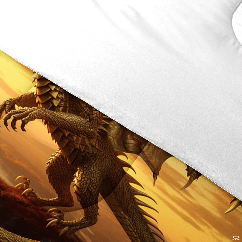 High-angle view of mythical dragon galaxy bedding showing rich amber, bronze, and obsidian tones across bed.