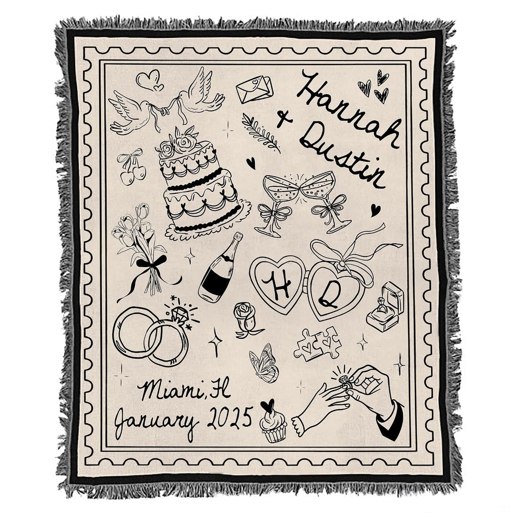 Close-up of textured background and colorful border fringe on a wedding keepsake blanket