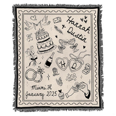 Close-up of textured background and colorful border fringe on a wedding keepsake blanket